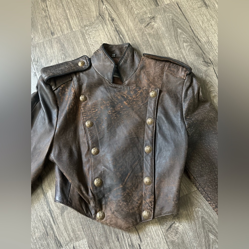 North Beach Michael Hoban Leather Jacket Jackson Military Gold Buttons Size 3/4